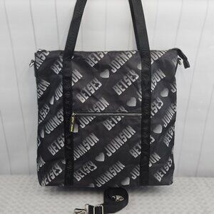 Black Logo Betsey Johnson Tote Bag Pink Rose Lining Shoulder Strap Travel Nylon